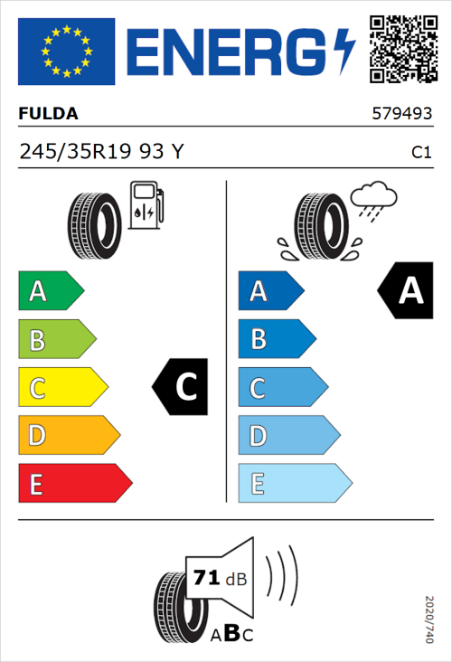 Tyre Label for Fulda SportControl 2 245/35R19 93Y